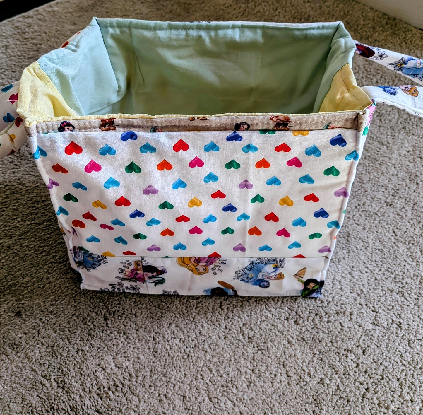 Patchwork princess and heart fabric toy basket