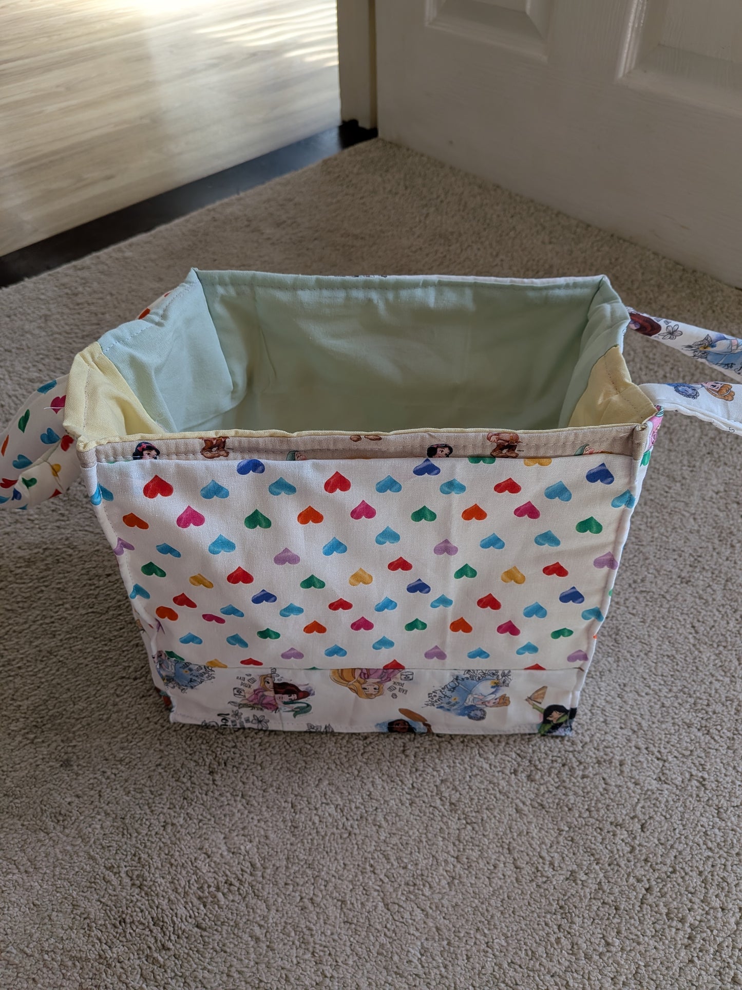 Patchwork princess and heart fabric toy basket