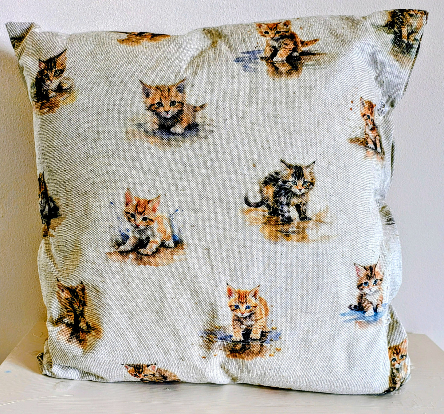 Soft, adorable kitten cushion by Harrie's Crafts featuring a cute, plush feline design perfect for cozy decor.