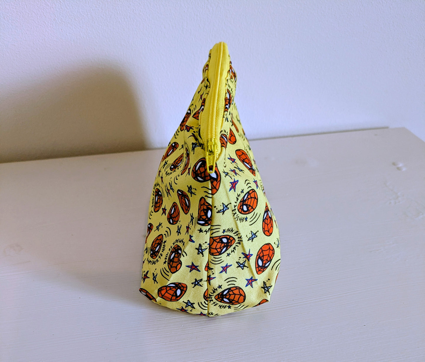 Harrie's Crafts Spider-Man wash bag with colorful superhero design, featuring a zipper closure and durable fabric.