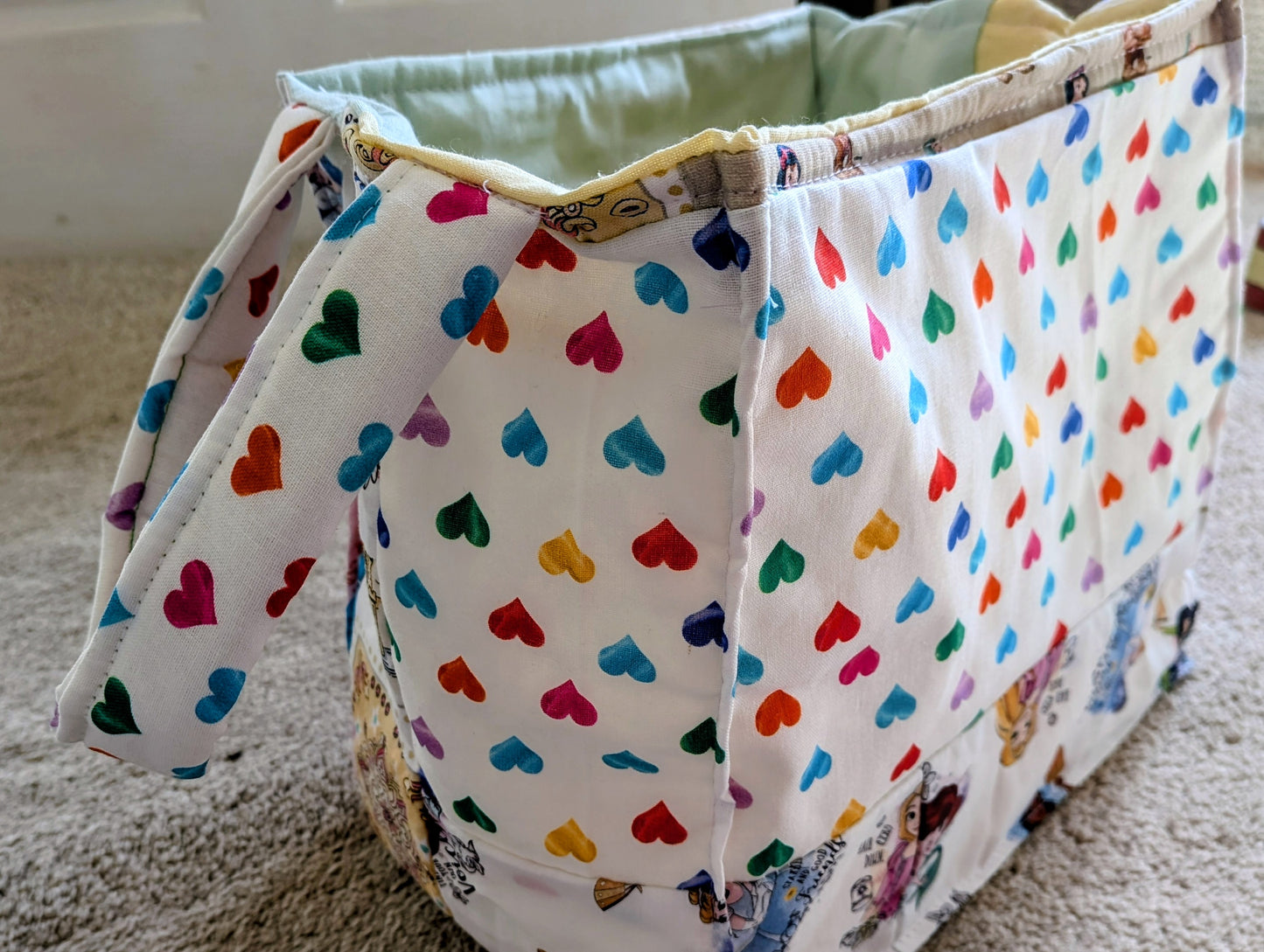 Patchwork princess and heart fabric toy basket