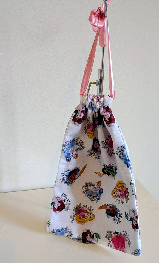 Harrie's Crafts princess drawstring bag featuring a colorful princess design and adjustable drawstring closure.