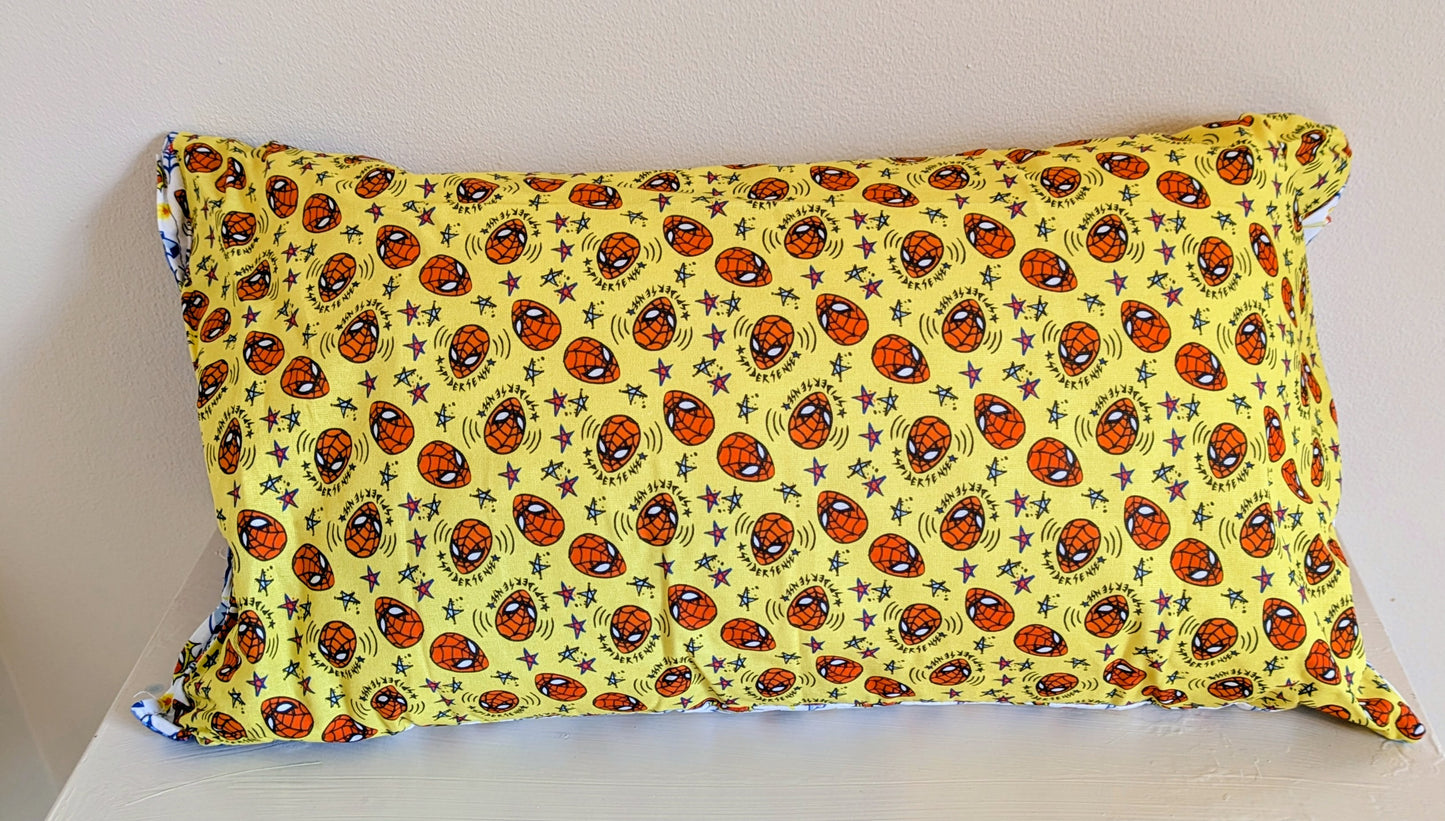 Harrie's Crafts Spider-Man patchwork cushion featuring colorful fabric pieces with a Spider-Man design and soft, plush texture.