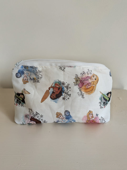 Harrie's Crafts Princess wash bag with waterproof lining, featuring a colorful princess design and zipper closure for travel and storage.